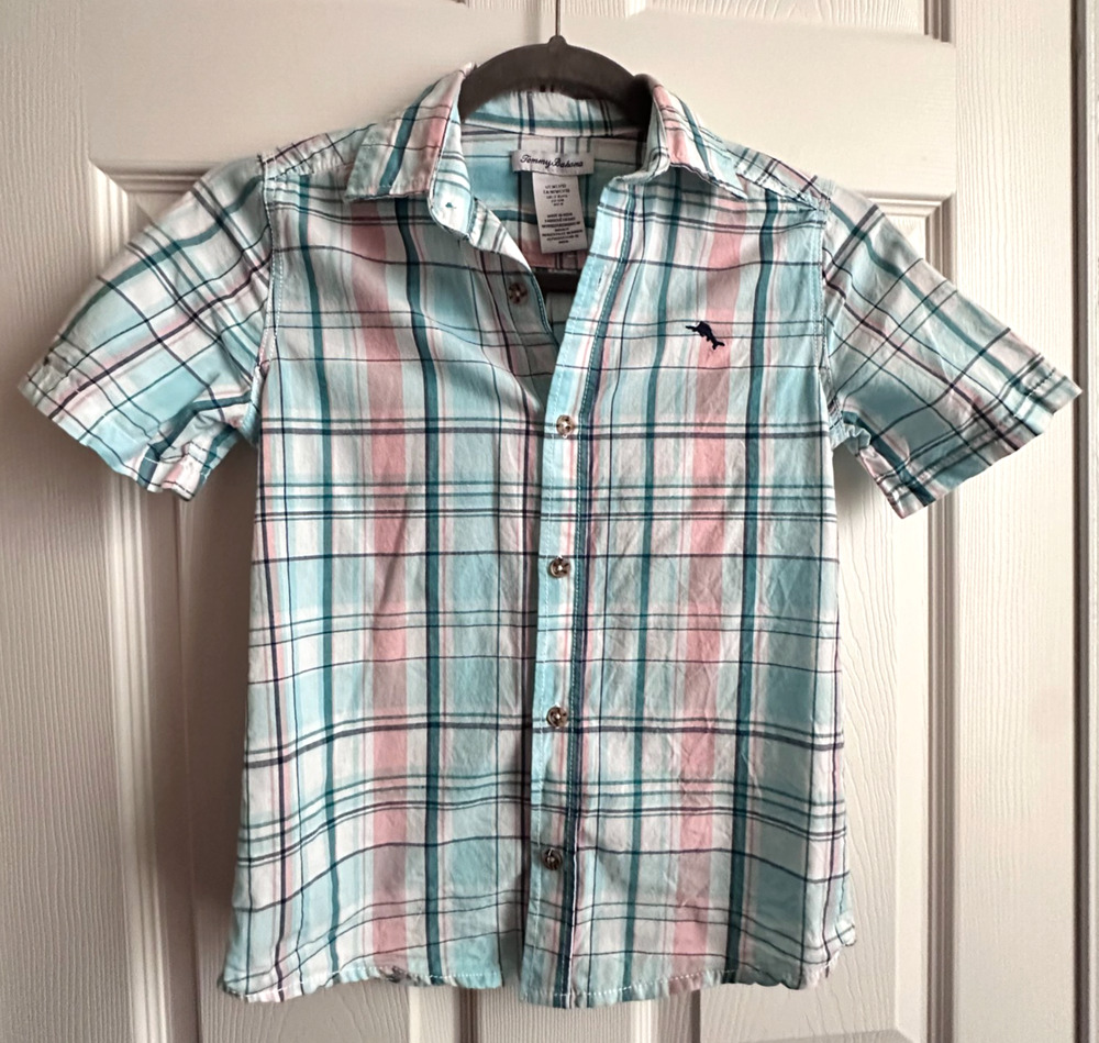 Tommy Bahama Boys Medium Short-Sleeve Classic Plaid Button-Down Shirt Mint Pink